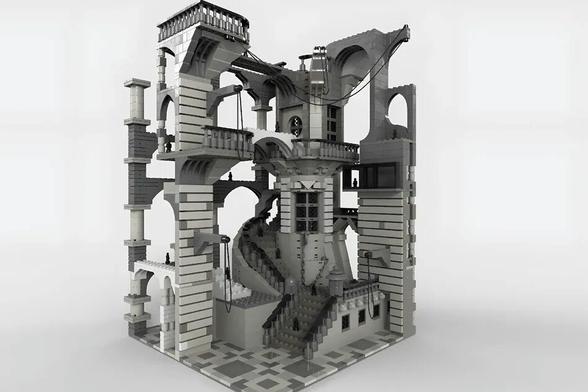 A model of a castle-like structure made of Lego bricks