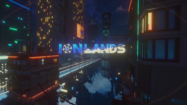 Ein Screenshot aus dem Spiel. Man sieht die Megacity Nivalis im Hintergrund. Im Vordergrund prangt der Schriftzug IONLANDS, der Entwickler des Spiels.