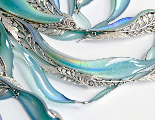 Abstract design of silver vines intertwined with opal glass pieces, reflecting light.