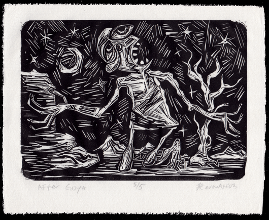 Stark black and white Lino-cut relief print. A night scene, with a moon and stars in the sky. There are mountains in the distance. 

A cartoonish figure kneels between a rocky outcropping and a bare tree. His arms outstretched while he looks up to the sky. He appears to be asking "Why?"

One of his eyes is enormous, reaching up into the sky a little.