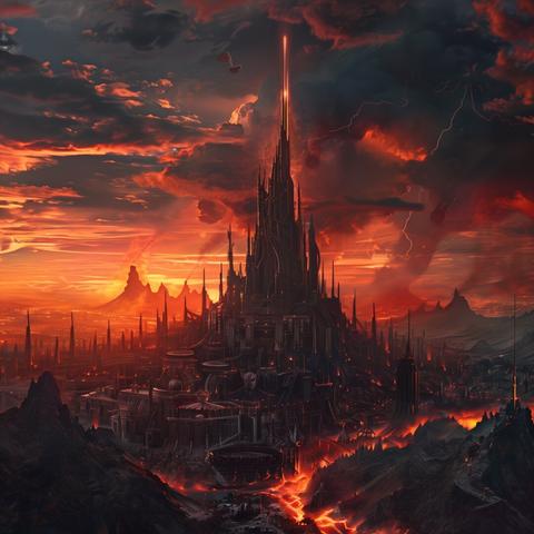 The image presents a formidable fortress set amidst a volcanic landscape, illuminated by a dramatic sky. The title, "Lovely Springtime in Mordor," employs irony, contrasting the expected rebirth of spring with the desolation of Mordor.