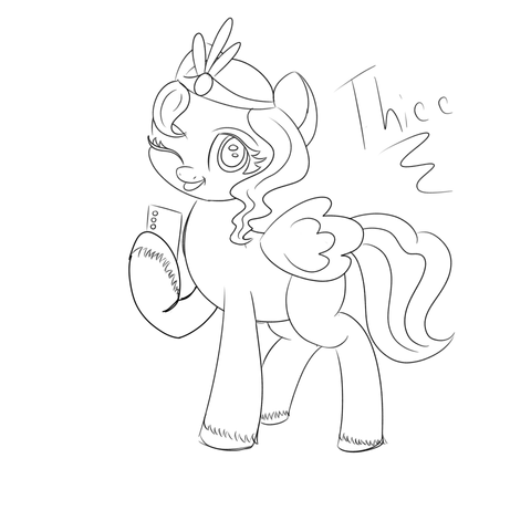 Thicc Pipp Petals. She's looking adorable, winking at the viewer, and holding a simple phone. Drawing is done in black and white simple lines.