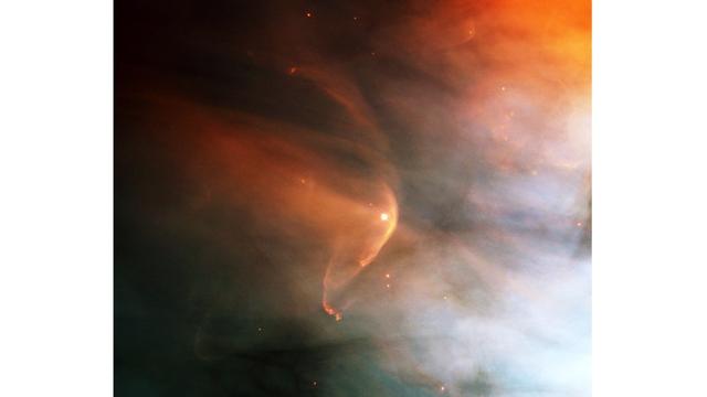 Infrarotbild der Schockwelle (roter Bogen), die von dem massereichen Riesenstern Zeta Ophiuchi in einer interstellaren Staubwolke erzeugt wird. Die schwachen Winde von sonnenähnlichen Hauptreihensternen sind viel schwieriger zu beobachten 
Bild: NASA/JPL-Caltech; NASA and The Hubble Heritage Team (STScI/AURA); Acknowledgment: C. R. O'Dell, Vanderbilt University