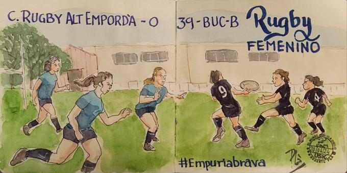 Dibujo a la acuarela en el que se ve una jugada de ataque del BUC. La jugadora con el 9 pasa el balón a la primera de la linea mientras tres jugadoras del Rugby Alt Empordà acuden a neutralizar las.