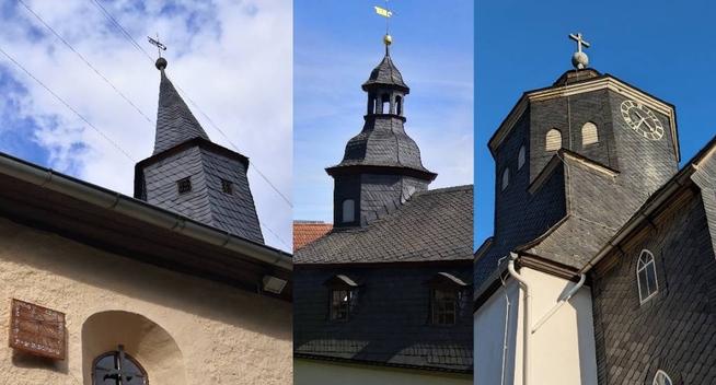 Collage der drei Kirchtürme zu Döhlen, Laasen und Unterloquitz.