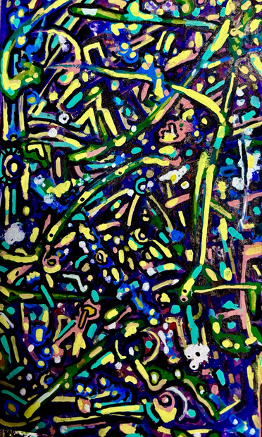 Colorful nonobjective sketchbook drawing with lines and shapes going in multiple directions