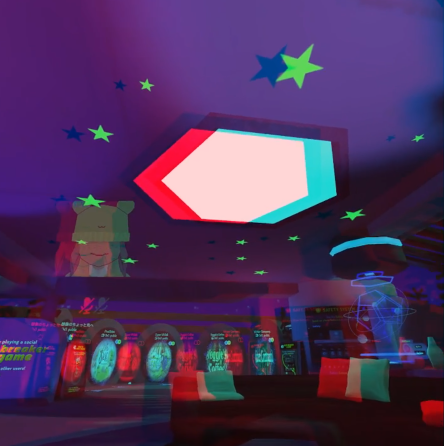 A screenshot of the game VRChat.  The colors are distorted with red being moved to the left and blue being moved to the right to create an anaglyph stereoscopic effect.