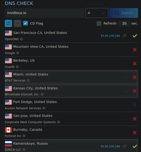 A DNS propagation checker ( https://dnschecker.org/#A/invidious.io ) showing most of the provider not seeing any DNS entry.