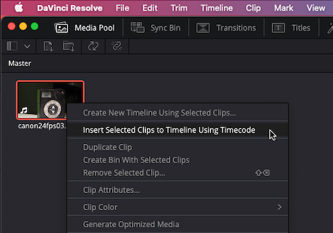 A right-clic menu showing a clip action in the video editor Davinci Resolve 
"Insert Selected Clips to Timeline Using Timecode"