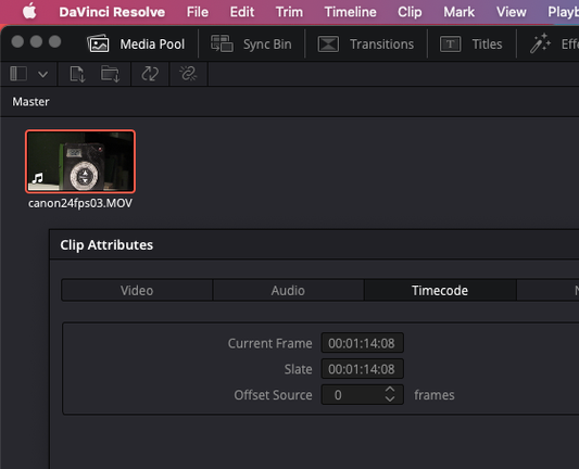 screen garb of an inspector panel showing the clip has a timecode value of 1m14s08f embedded into the file.