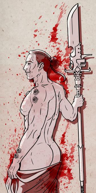 inkdrawing on coloured paper of SEvatar holding his powerglaive. He's naked except for a piece of cloth on his legs.