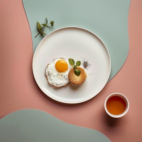 The image presents a bird's-eye view of a breakfast setting: a sunny-side-up egg on toast and a round pastry, accompanied by a cup of tea, artfully arranged on a white plate. The background is an abstract design with soft pink and green tones, creating a contemporary and clean aesthetic.