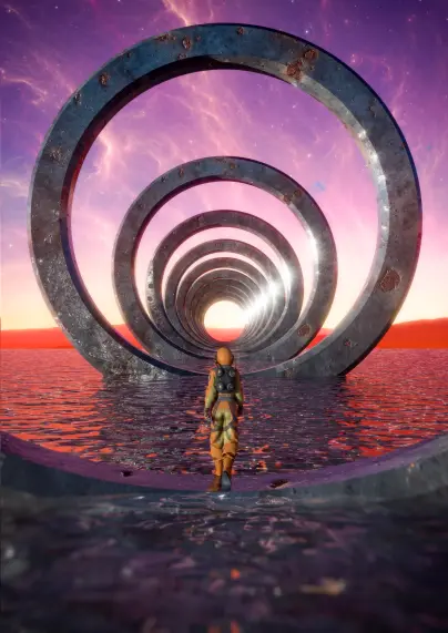 Description partially by ChatGPT:  In this 3D rendered image, we are presented with a surreal and visually arresting scene that appears to be set on an alien world. Dominating the view is a series of massive, rusted metallic rings that create a tunnel-like effect, receding into the horizon. The rings stand partially submerged in a reflective body of water that mirrors the mesmerizing colors of the environment.  The sky is a tapestry of purple nebulae and clouds, suggesting a celestial vista not of our Earth.   A lone astronaut in a vintage space suit, with hints of orange and equipped with a spherical helmet, stands at the entrance of this ringed passage. The figure appears small against the grandeur of the rings, evoking a sense of exploration and awe. This solitary traveler might be contemplating the journey ahead or taking in the stunning view of this otherworldly spectacle.