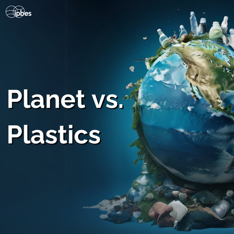 An image of the Earth covered in plastic pollution. Overlaid text reads Planet vs. Plastics.