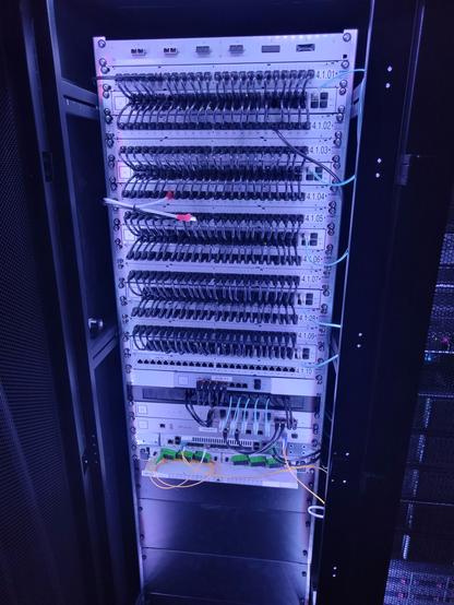 Photo of an opened networking rack showing a variety of switches and routers with lots of cables on the inside. 
The rack is lit up in a purple blueish light.
