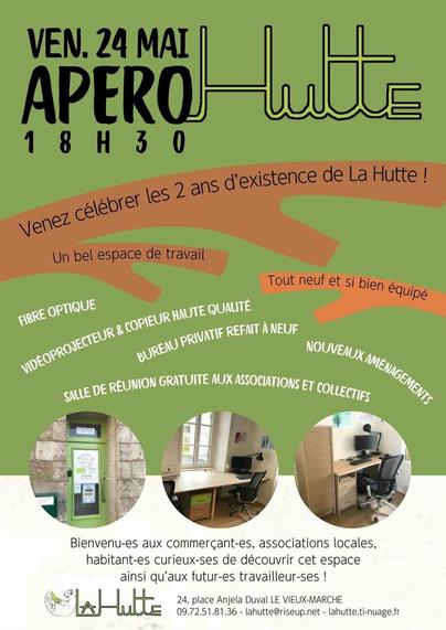 Une invitation pour célébrer les deux ans de la Hutte à Vieux-Marché autour d'un verre à partir de 18h30 le vendredi 24 mai.