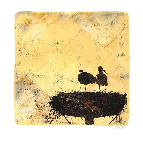 Same storks printed as a black silhouette, but now with a mottled but slightly bright yellow background, and the nest is placed in the bottom right corner of the print. I like how the different colors and composition put more emphasis on light in this print.