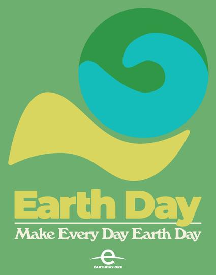 Icon of a globe depicted as intersecting swirls, one turquoise blue and the other forest green; below this is a yellow stylized hand shape. Underneath the hand, yellow text reads "Earth Day" and below that, white text reads "Make Every Day Earth Day." All on green background.