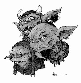 Ilustración enm b/n de las caras de tres criaturas goblinoides.