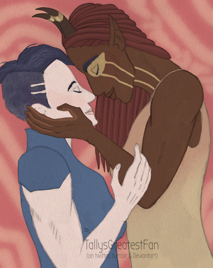 ID: Digitally colorized pencil drawing of Amaya (shorter, muscular east asian human woman with short hair) and Janai (taller, wiry, black elf woman with long reddish locks) standing close to each other, forehead touching, smiling. Janai holds Amayas jaw and Amaya touches Janais arm tenderly