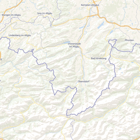 a map of the upper allgäu around oberstdorf, using openstreetmap data   and giving the impression of mountains by approximating light and shadows.