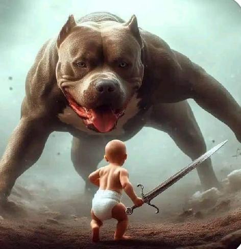 AI pic of a giant pit bull * a baby with a sword