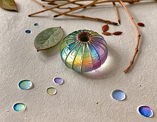 Iridescent seed pod, with twigs, leaves, and glass droplets in pastel tones, on a minimalist background.