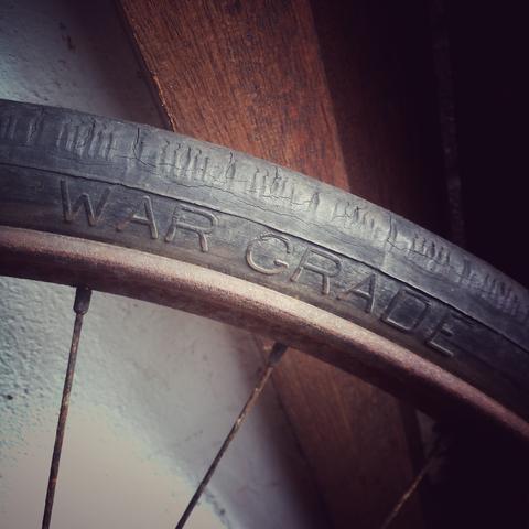 1940s bicycle tyre on a 1911 steel rim!