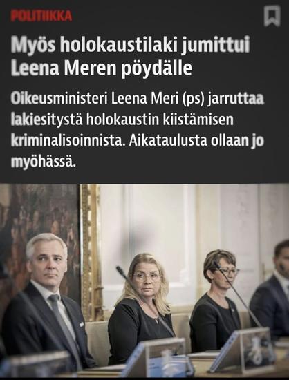 POLITICS.

The Holocaust law is also stuck on Lena Meri’s desk.

Justice Minister Leena Meri (Basic Finns) is blocking a bill to criminalise Holocaust denial. The timetable is already late.