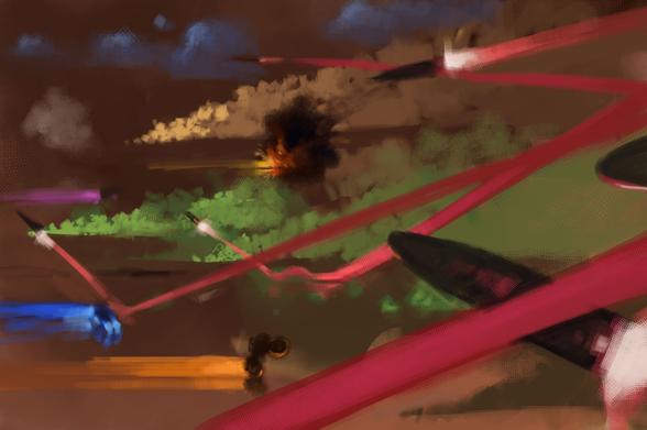 Digital painting of several missiles leaving red trails as they fly and bounce towards opposing light cycles, which leave trails of their own