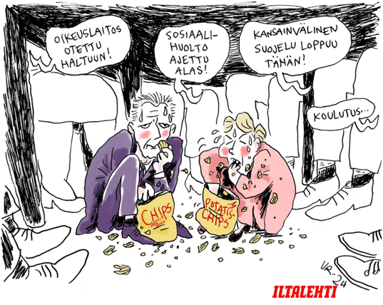 Ville Rannan pilapiirros 23.4.2024 Iltalehdessä "Kun hommat lähtee käsistä, chips lohduttaa!"

Anders Adlercreutz ja Anna-Maja Henriksson pöydän alla syömässä sipsejä. Ympärillä pöydässä istuvien jalkoja. Pusseissa lukee "CHIPS" ja "POTATIS-CHIPS".

Pöydän yllä puhekuplissa: ”Oikeuslaitos otettu haltuun!", "Sosiaalihuolto ajettu alas!", "Kansainvälinen suojelu loppuu tähän!" ja "Koulutus...".