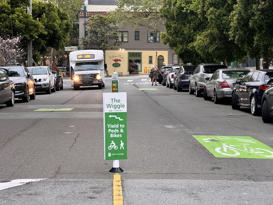 A sign in the median saying “The Wiggle Yield to Peds & Bikes” with a Muni train in the background