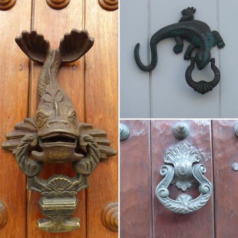 Montage of three different door knockers - a fish, a gecko and a shield
