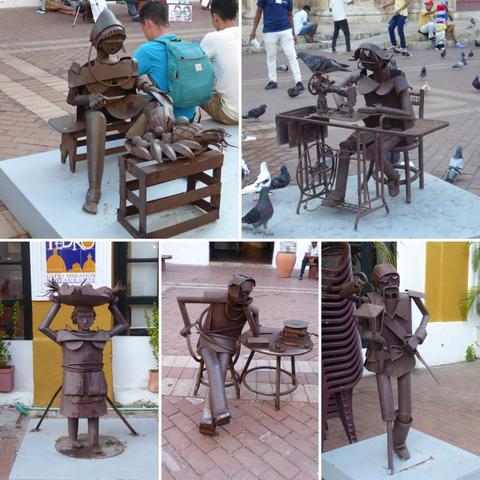 Montage of five different public art statues in the same style, made from rusty steel - a woman sitting with a knife and a bowl of fruit, a woman sitting at a sewing machine, a pirate with a hook hand and wooden leg, a person sitting bored at a table, and a person carrying a platter of fruit on their head.