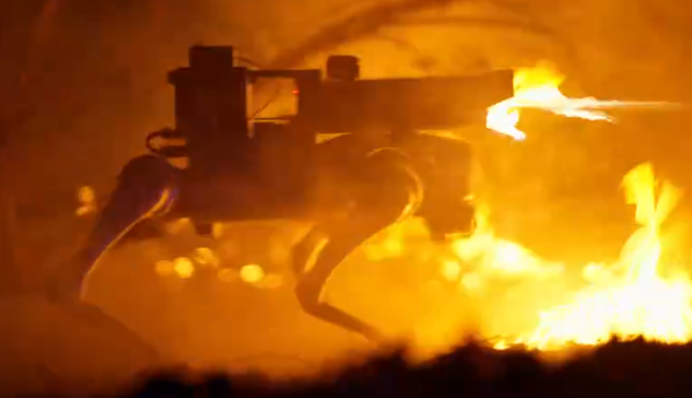 Frame grab of a promotional video form a company advertising a robot dog with flame thrower on it