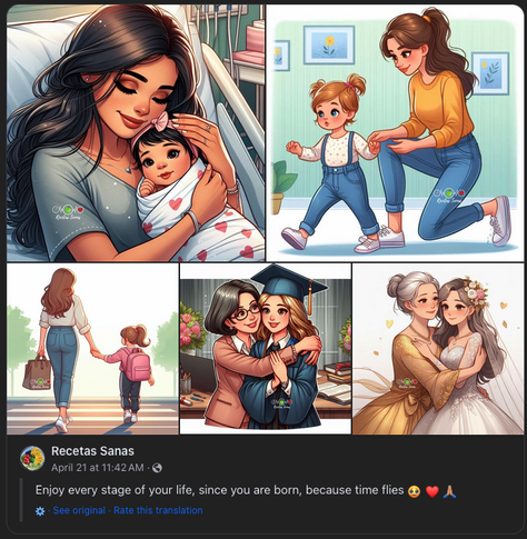 The image is a collage of five different illustrations depicting various stages of life from infancy to adulthood.

    Top left: A woman with long, dark hair and a serene expression is holding a baby wrapped in a white cloth with heart patterns. They are indoors, and the baby is looking up at the woman.

    Top right: The same woman is teaching a young girl, presumably the baby now a toddler, how to walk. The child is smiling and taking tentative steps towards the woman who is crouched down with her arms outstretched.

    Middle: A back view of the woman and the young girl, now a bit older, walking hand in hand. The child is wearing a pink backpack, indicating they may be on their way to school.

    Bottom left: An indoor scene showing the woman, now wearing glasses, embracing a young woman wearing a graduation cap and gown. They are both smiling and appear to be celebrating the graduation.

    Bottom right: The final panel shows two women, styled similarly to the woman in the previous illustrations, in wedding attire, standing close to each other and looking lovingly into each other's eyes. They are surrounded by flowers, and both are wearing dresses; one in white and the other in gold.

Below the collage, there is text from a social media post that reads: "Recetas Sanas. April 21 at 11:42 AM · Enjoy every stage of your life, since you are born, because time flies 😔❤️🕊️".