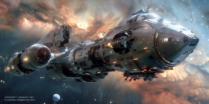 AiArt Komposition: Raumschiff auf Mission in der Galaxis. Komposition aus verschiedenen AI-Grafiken.