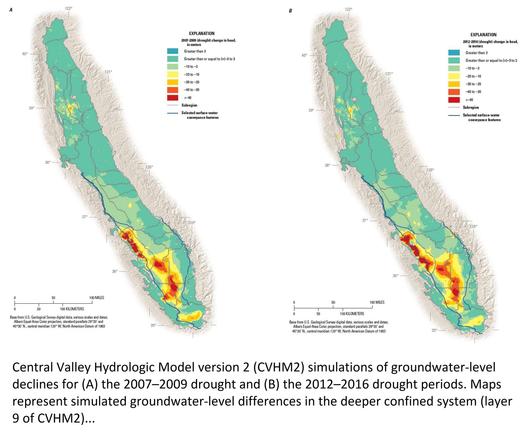 maps - Central Valley Hydrologic Model version 2 (CVHM2) simulations of groundwater-level declines for (A) the 2007–2009 drought and (B) the 2012–2016 drought periods. Maps represent simulated groundwater-level differences in the deeper confined system (layer 9 of CVHM2).