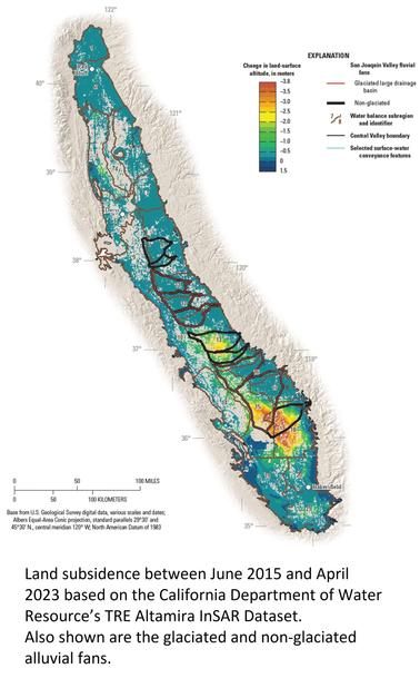 map - Land subsidence between June 2015 and April 2023 based on the California Department of Water Resource’s TRE Altamira InSAR Dataset. Also shown are the glaciated and non-glaciated alluvial fans.