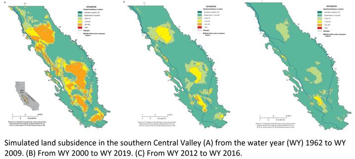 maps of model results - Simulated land subsidence in the southern Central Valley (A) from the water year (WY) 1962 to WY 2009. (B) From WY 2000 to WY 2019. (C) From WY 2012 to WY 2016.
California
