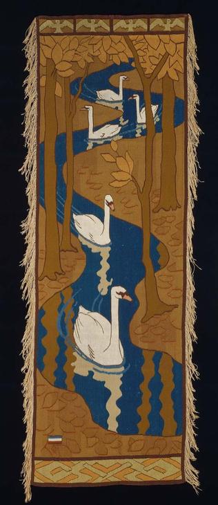 "Funf Schwane is a notable example of German Art Nouveau, or Jugendstil, tapestry art inspired by Japanese ukiyoe prints. The long, narrow composition depicting a group of five swans on a meandering brook set within an idyllic forest, is representative of the more poetic naturalism of this style. Decorative elements woven in top and bottom to suggest borders. fringed sides."