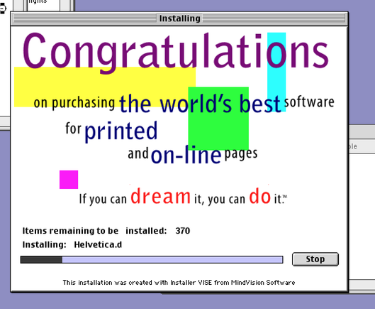 90s looking design saying “Congratulations on purchasing the world’s best software for printed and on-line pages.”