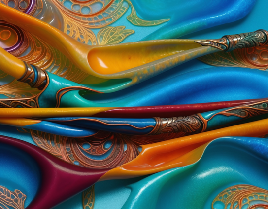 Abstract solid forms flow, mimicking fluid dynamics, in warm colors on a teal and aqua base, with ornate embellishments arising out of the smooth surface.