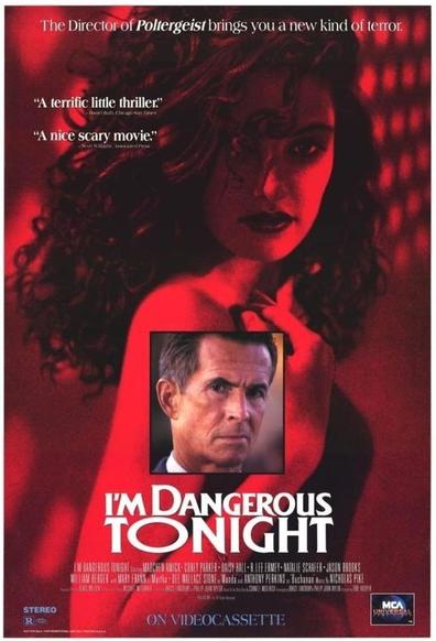 A red lighting effect is cast over a woman, with the center cut out and showing Anthony Perkins in color.