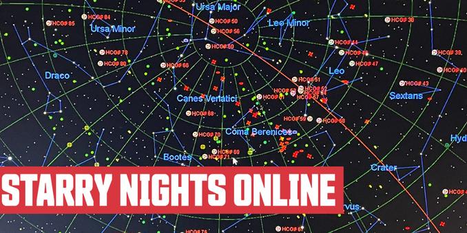 Digital star chart with overlaid text that reads Starry Nights Online