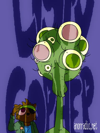 Eerie lisp alien with an elongated neck stretched upwards and pink and green eyes, with a very humanlike loose fist nose hanging downards.
The gopher looks on from behind:
LISPY
GOPHER
is superimposed with decreased color intensity.
anonradio in white text in the bottom right. The background is solid blue. The gopher is wearing their green jacket.
