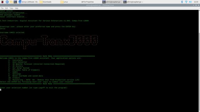Compu-Tron x3000 game running on a Raspberry Pi 3B+ computer