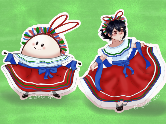 Tilín versión Huevito y humana con ropas tradicionales mexicanas.