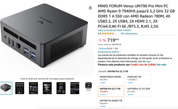 Oferta en Amazon del Minisforum Venus UM790 Pro por 719€