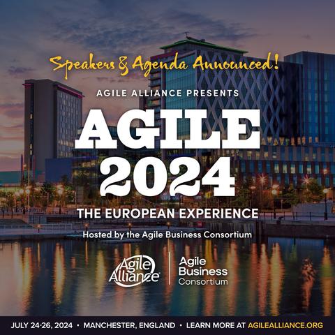 Agile2024 The European Experience logotype over a photo of Manchester,  England.